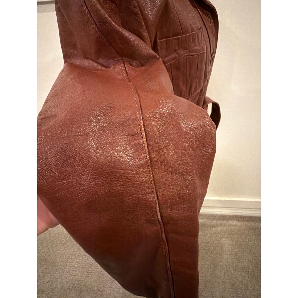 Vintage 70s Le Soleil Genuine Leather Jacket 7/8 Brown Belted Safari Coat - Picture 6 of 14